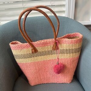 Raffia & Leather Striped Tote Beach Bag